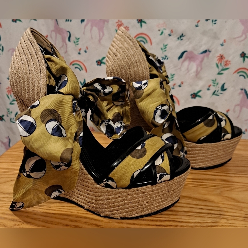 EUC RARE Vintage Y2K Gucci Platform Boho Jute & Silk Wedge Espadrille Shoe SZ 6 - Picture 2 of 10
